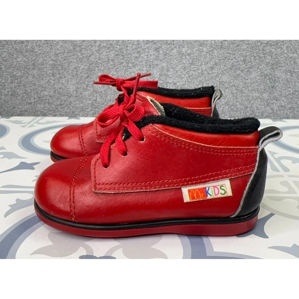 Vintage 80s Baby Deer x McKids Walking Shoes Infant Size 3 1/2 D Red Leather USA